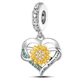 New 925 Silver Fashion Golden Sunflowers Heart Charm Beads Fit Pendant Original Bracelets Party Gift DIY Jewelry