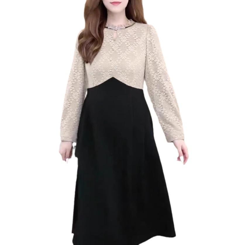 Luxury Lace Jacquard Long-Sleeve Dress for Middle-Aged Women - Autumn/Winter Collection