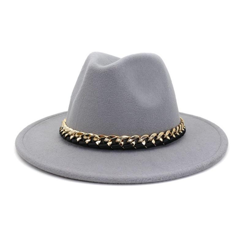 Chain Autumn and Winter Fashion New Men and Women Couples Top Hat Woolen Top Hat Flat Brim Big Edge Straight Edge Jazz Hat