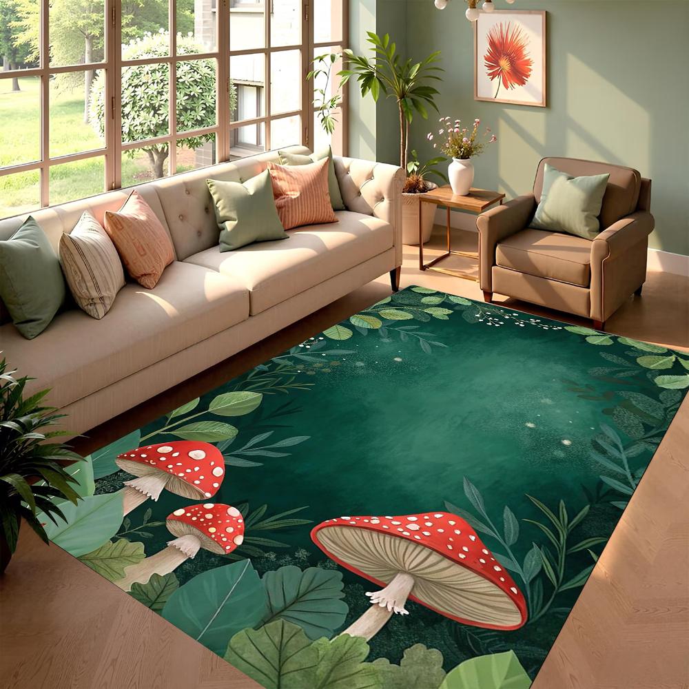 Vivid Mushroom Fantasy Pattern Carpet Colorful Living Room Rug for Home Decor with Green Leaf Design Cozy Non-slip Mat Gift