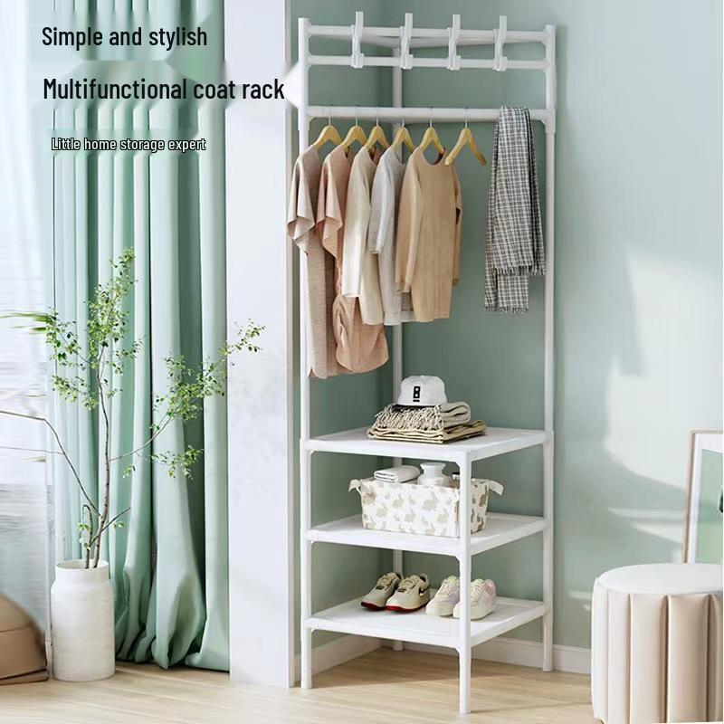Modern Minimalist Metal Floor Coat Rack: Multifunctional Bedroom Clothes Hanger & Storage Solution.
