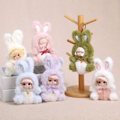 Bunny Hoodie Vinyl Doll Keychain Plush Rabbit Plushie with Bell Cute Backpack Charm