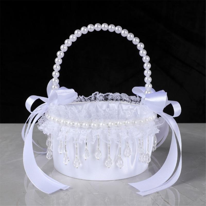 Elegant Crystal Pearls Tassels Basket For Wedding Party Decorations Handcrafted Floral Container With Silk Fabric