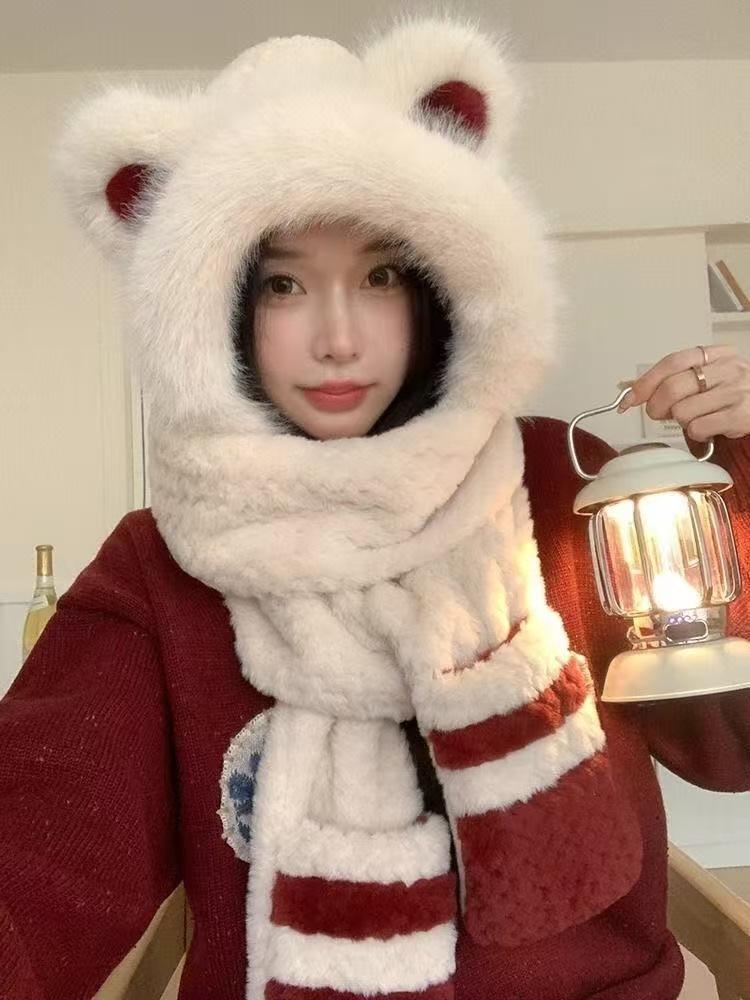 

New color matching bear hat scarf gloves integrated girls season cute warm plush thickened ear hat