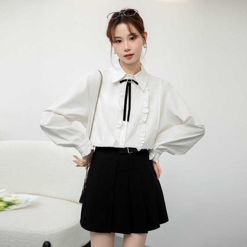 Korean Style Bow Tie White Shirt - Women's Spring 2026 Long Sleeve Top