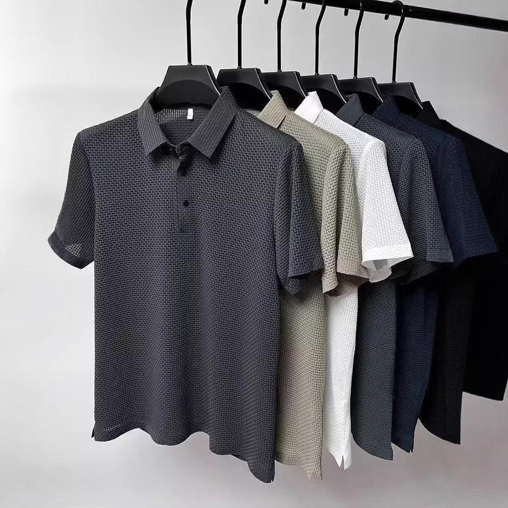 Men's Business Casual Short Sleeved Bone Flower Solid Color POLO Shirt Fashion Breathable Comfortable Summer Versatile Top