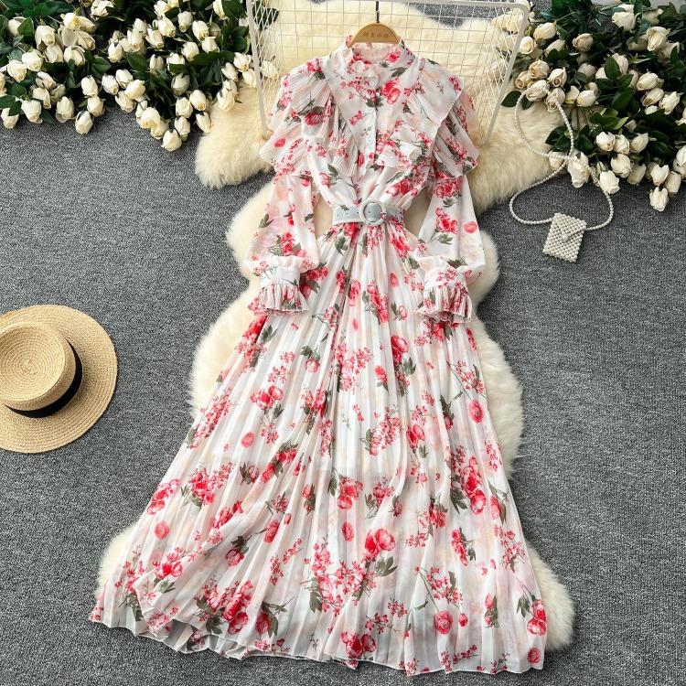 

Elegant Floral Print French Haute Couture Chiffon Dress Spring New Slim Waist Ruffled Pleated Long Dress One Size білий