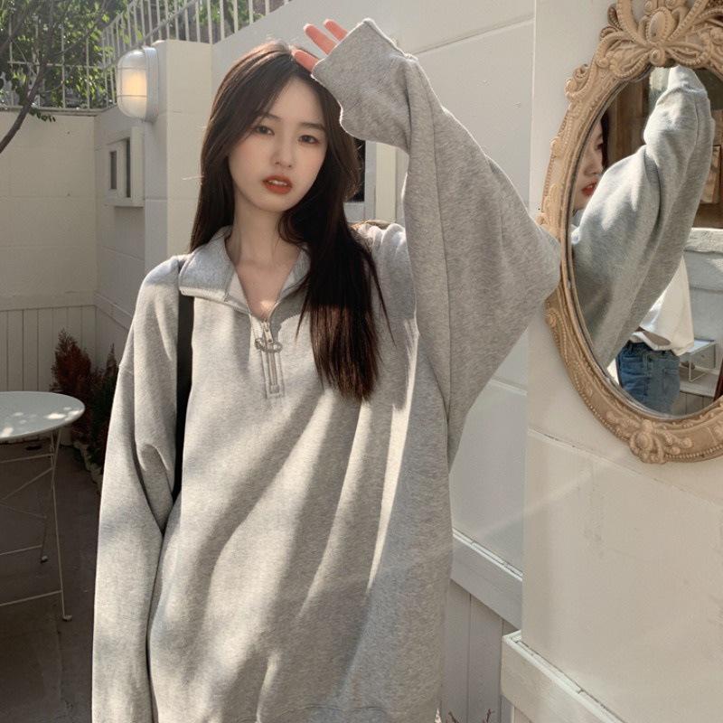 Women's Gray Polo Collar Half-Zip Sweater - Korean Loose Fit, Lightweight Long Sleeve Top for Spring & Autumn.