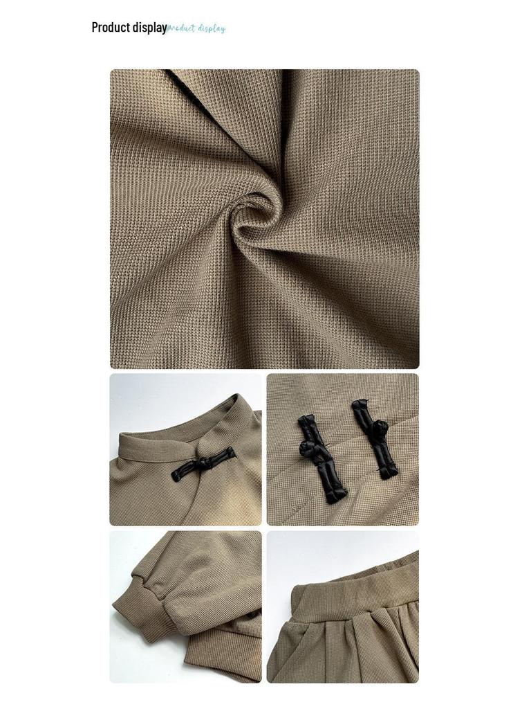 Boys' Retro Chinese Style Casual Set - Autumn 2025: Solid Color Long Sleeve Top & Pants with Frog Buttons