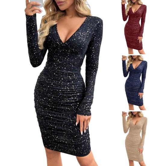 Women's Sparkly Sequin Bodycon Midi Dress Sexy Long Sleeve Deep V Neck Dress Ruched