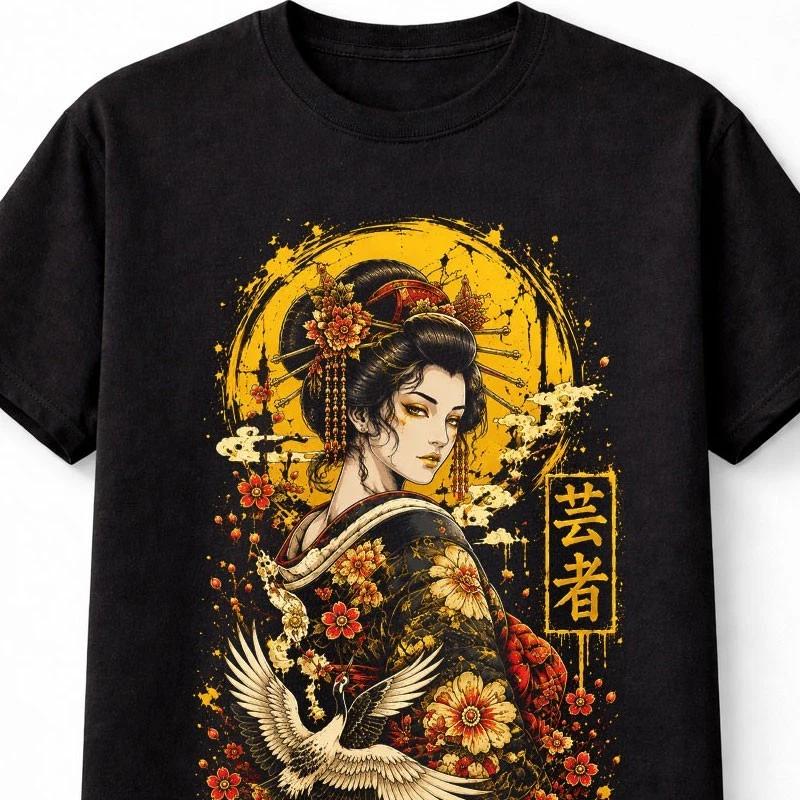 Geisha Crane Japanese Anime Sakura Kimono Unisex TShirt S