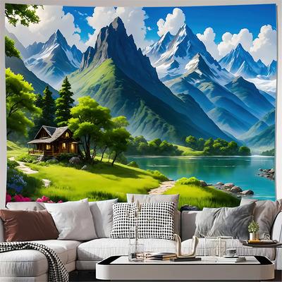 Cartoon Berg See Hütte Landschaft Wandteppich Maschinenwaschbar Ganzjahres-Dekoration Kunstdruck Natur Design Zuhause Leicht zu reinigen