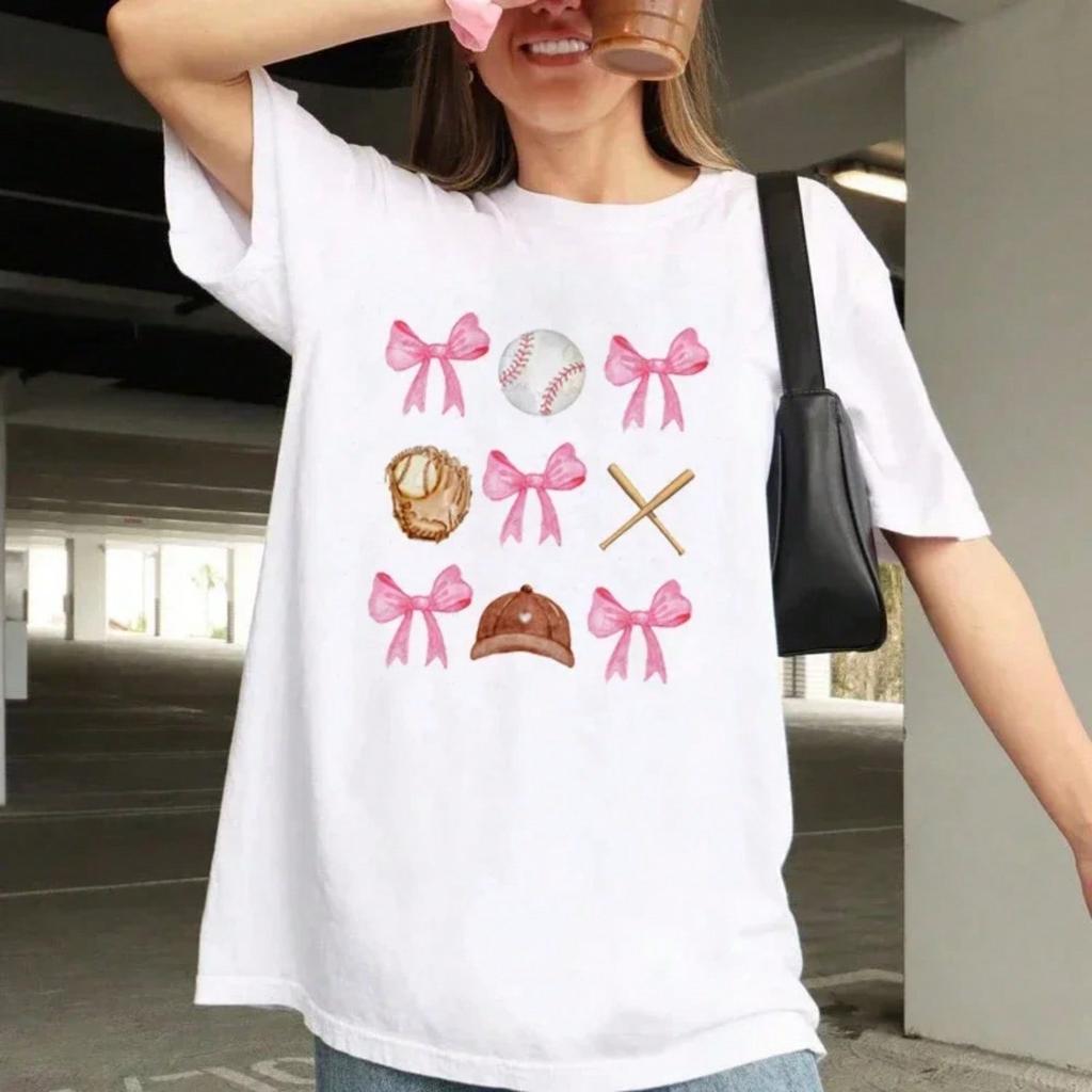 Baseball Coquette Bows Kawaii Sweet Top Cartoon Print Fun Pattern Short Sleeved T-Shirt Print Basic O-Neck Cute T-Shirt.