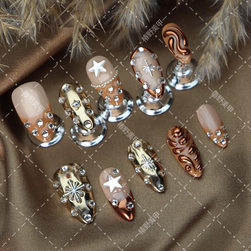 Press-On Nails Women Rose Gold A3649 Almond Shape Acrylic Fake With Star Sweet Chic Minimalist French Metal