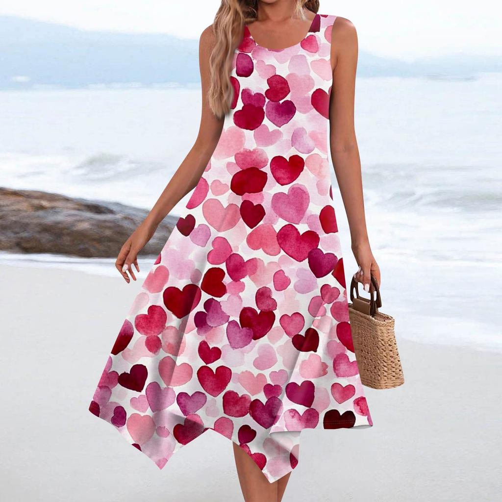 Women's Casual Fashion Round Neck Sleeveless Print Irregular Hem Midi Dress