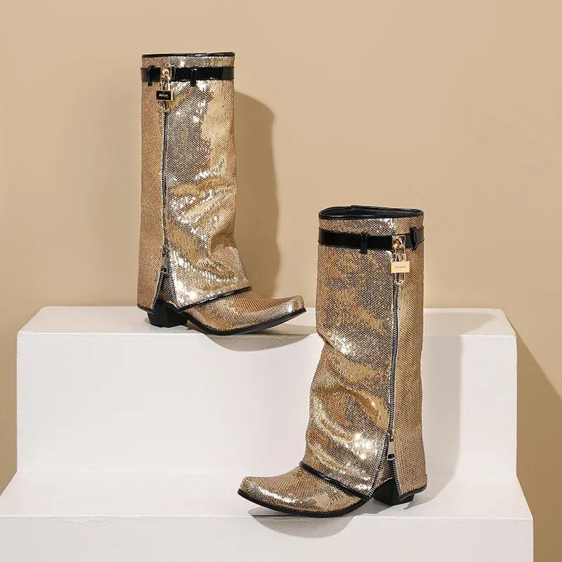 Lesklé flitrované látkové kozačky nad koleno s ohrnutým horním lemem Dámské s blokovým podpatkem Růžovo-zlaté Párty Kulatá špička Zámek Pásek Zip Bling Dlouhé kozačky k sukni