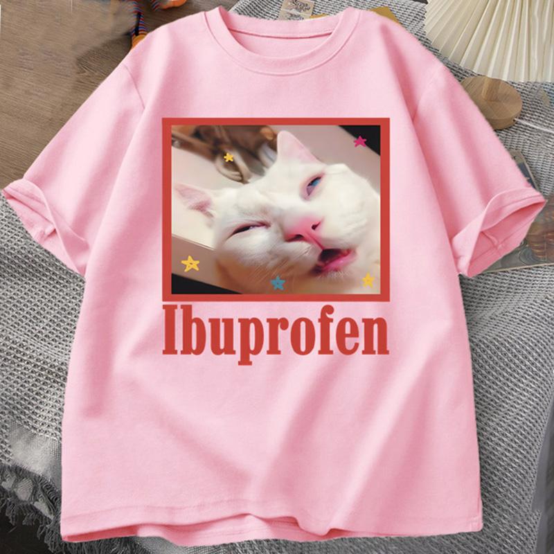 Ibuprofen Cat Meme Tshirt Funny Cat Graphic Tee Cute Cat Lover Cotton T-Shirt Casual Funny T Shirts Unisex Oversized Tshirt Tee