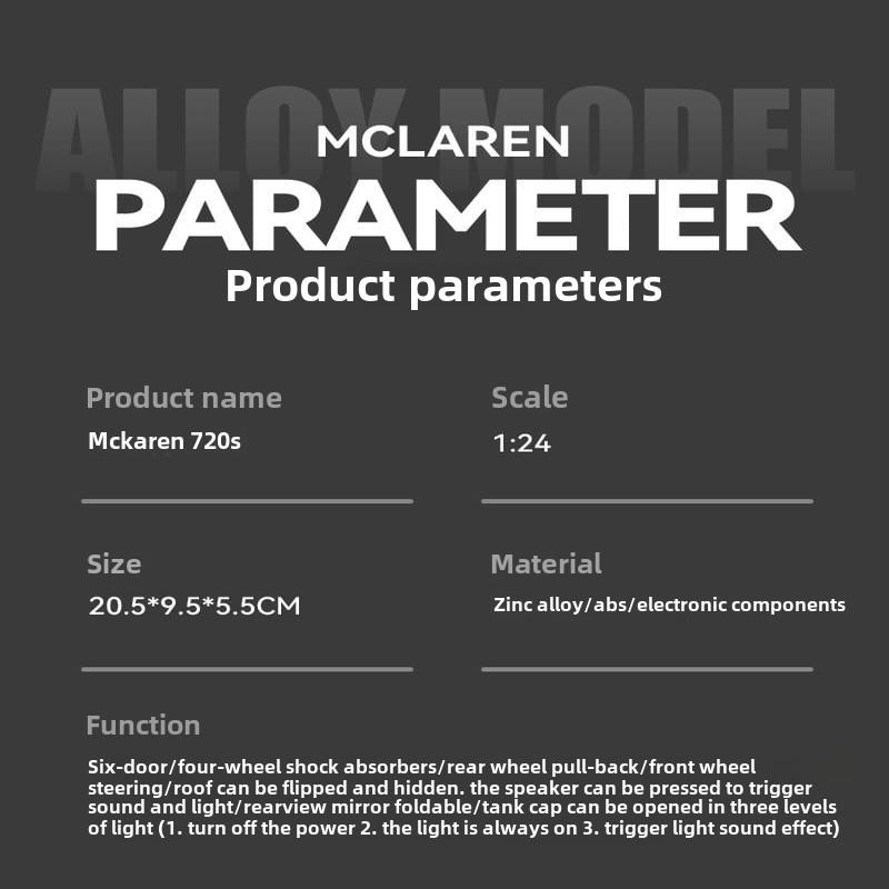 1:24 McLaren 720S Legeringsracerbilmodell Støpt metall Sportsbilmodell Simulering Lyd og lys Samleobjekter Barneleker Guttegave