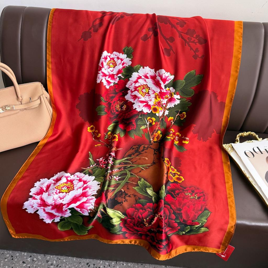 Lijin Wrought Long Scarf Oil Painting Flower Print Long Silk Scarf Spring and Autumn Premium Feeling Scarf