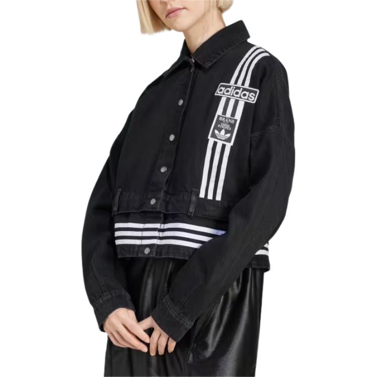 adidas Originals Adibreak Striped Logo Design Polo Collar Long Sleeve Denim Jacket Women Jackets Black JJ3095