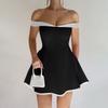 Color Blocking Design Strapless Slim Fit Ruffle Edge Dress