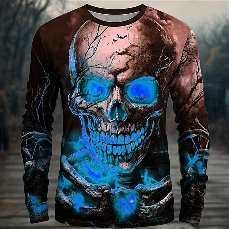 Spring and Autumn Round Neck 3D Skull Printed Top Fashionable Casual Long Sleeved Men's T-shirts