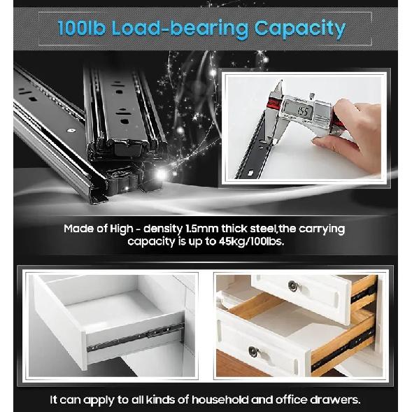 45mm Drawer Slides Side Full Extension Mount 100 LB Load Capacity Ball Bearing Guide Glides 1 Pairs