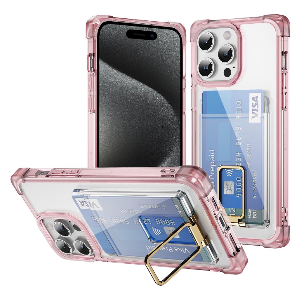 For iPhone 15 Pro Case Reinforced Corners TPU + Acrylic Phone Cover with Kickstand Card Holder