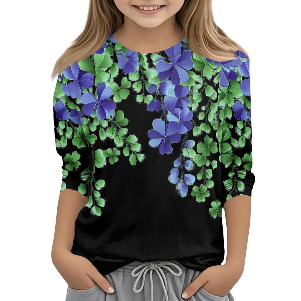 St. Patrick's Day Print Tops For Youth Girls 4-11 Years Round Neck 3/4 Sleeves T-Shirts Trendy Tops Outfit Tees