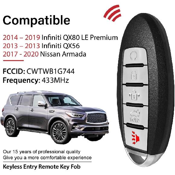 

Replacement for Nissan Infiniti QX80 LE Premium QX56 Armada Key Fob Remote Control 2017 2018 2019 2020 5 Buttons 433MHz CWTWB1G744,Black