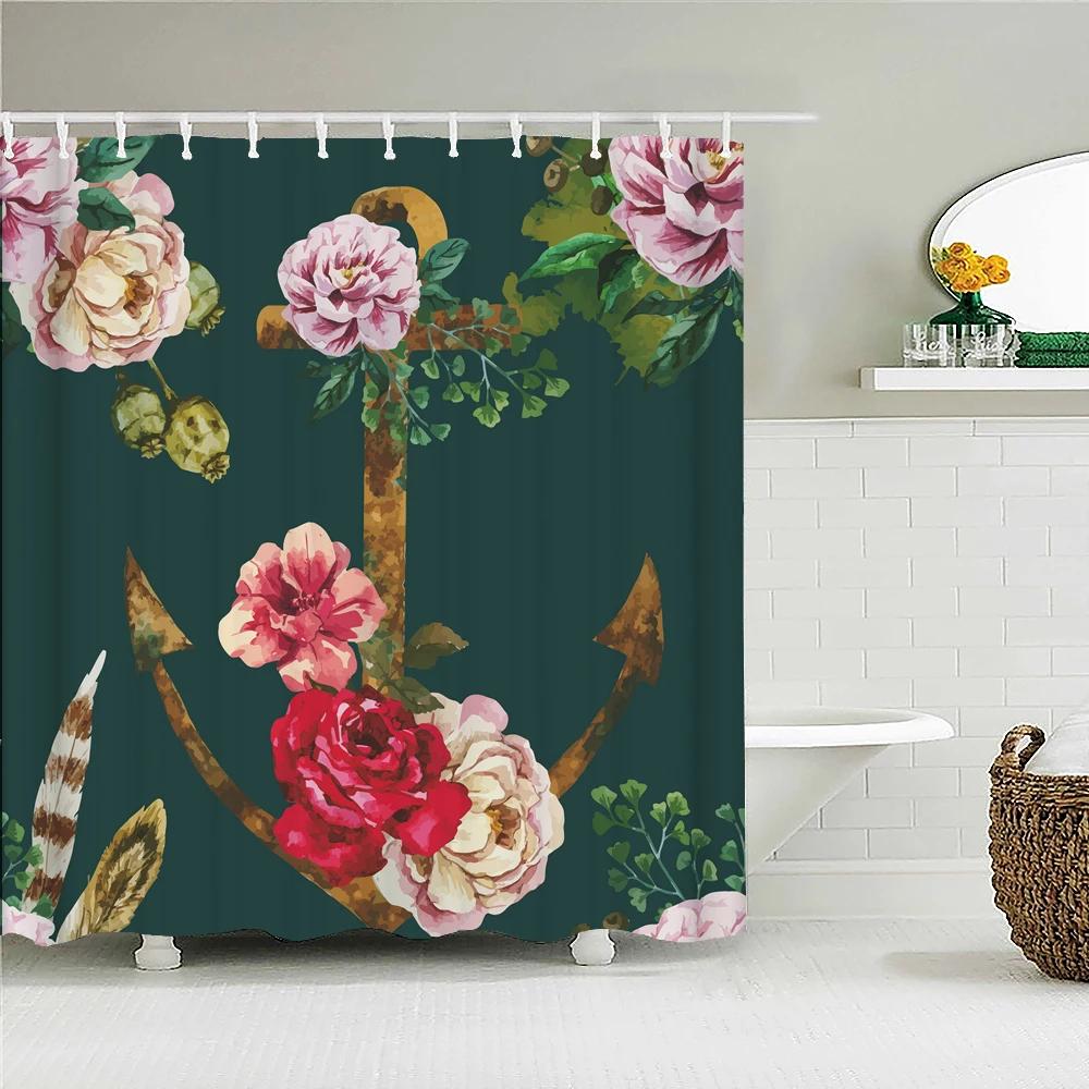 Ocean Sailing Anchor Fabric Shower Curtain Bathroom Curtains Geometry Pattern Waterproof Polyester Bath Screen With 12 Hooks