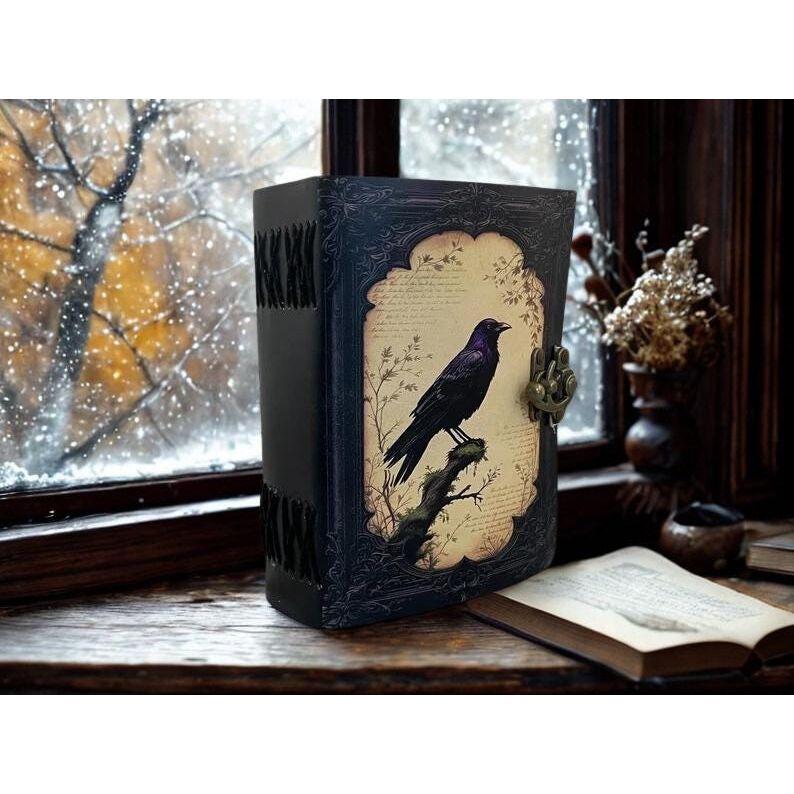 Leather Journal Gothic Notebook, Raven Leather Journal, Book of Shadows, Handmade Witchcraft Notebook, Celestial Gifts For Him Her