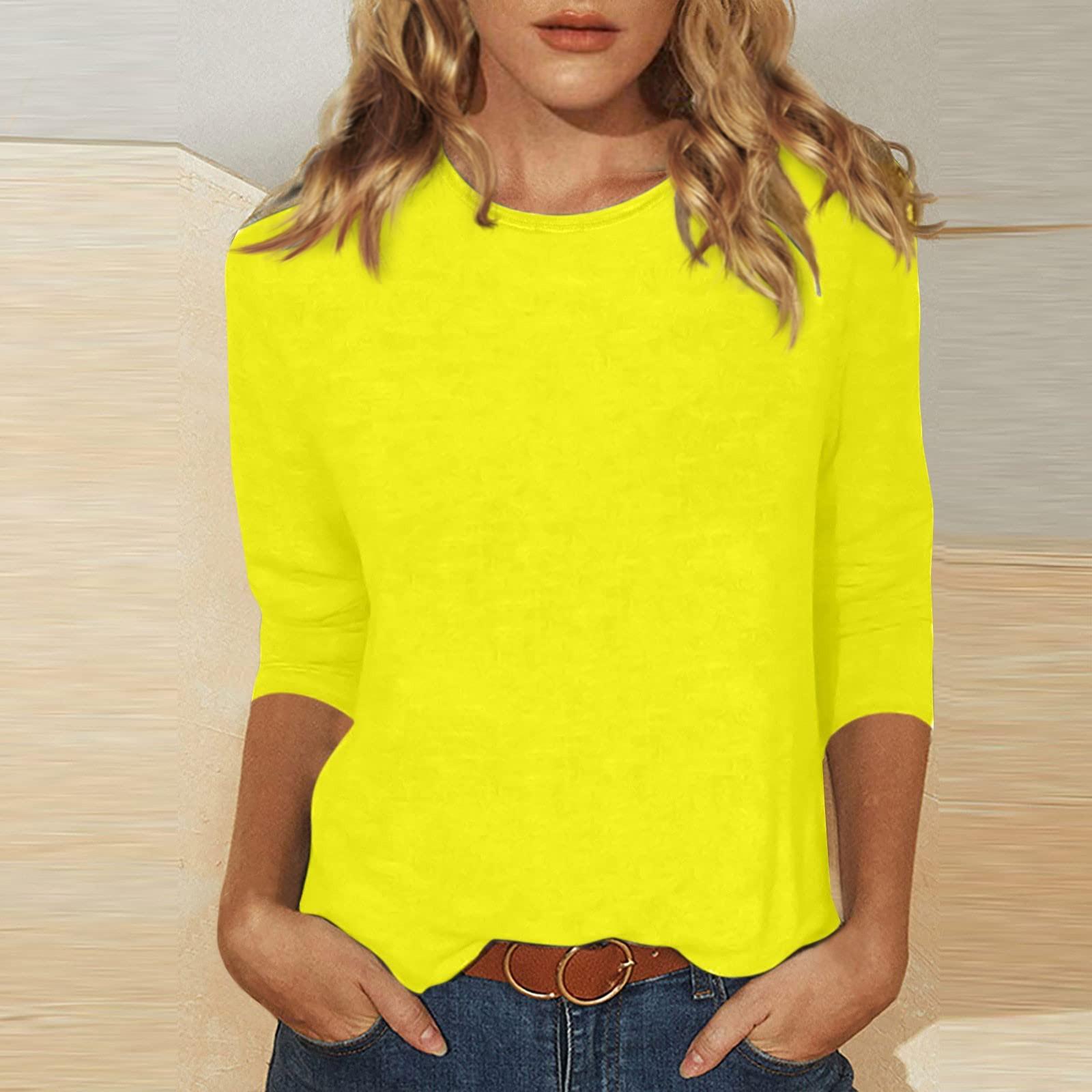 

Женский модный повседневный универсальный повседневный топ с круглым вырезом и рукавами три четверти с принтом L жёлтый