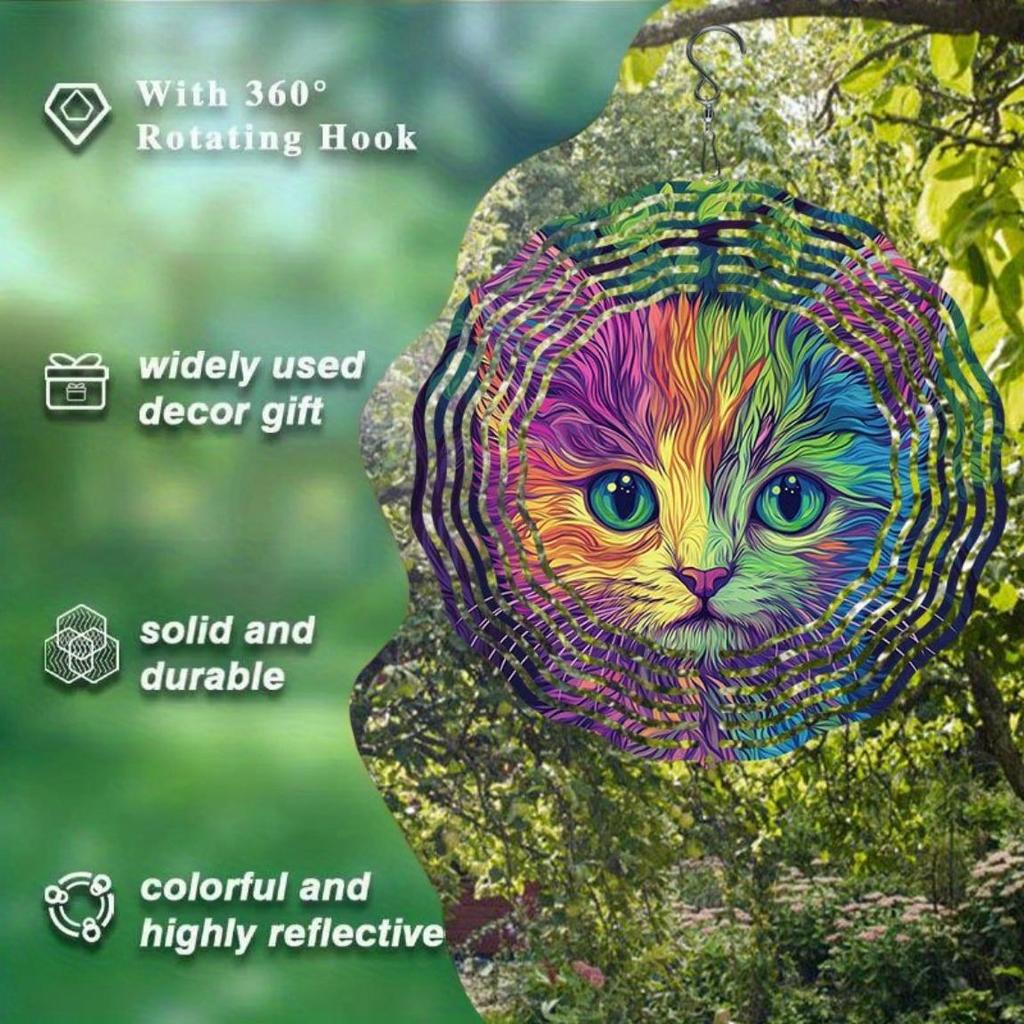 Charming Colorful Kitten Wind Spinner Wind Chime 3D Metal Garden Patio Decoration Outdoor Hanging Ornament for Thanksgiving Christmas Holiday