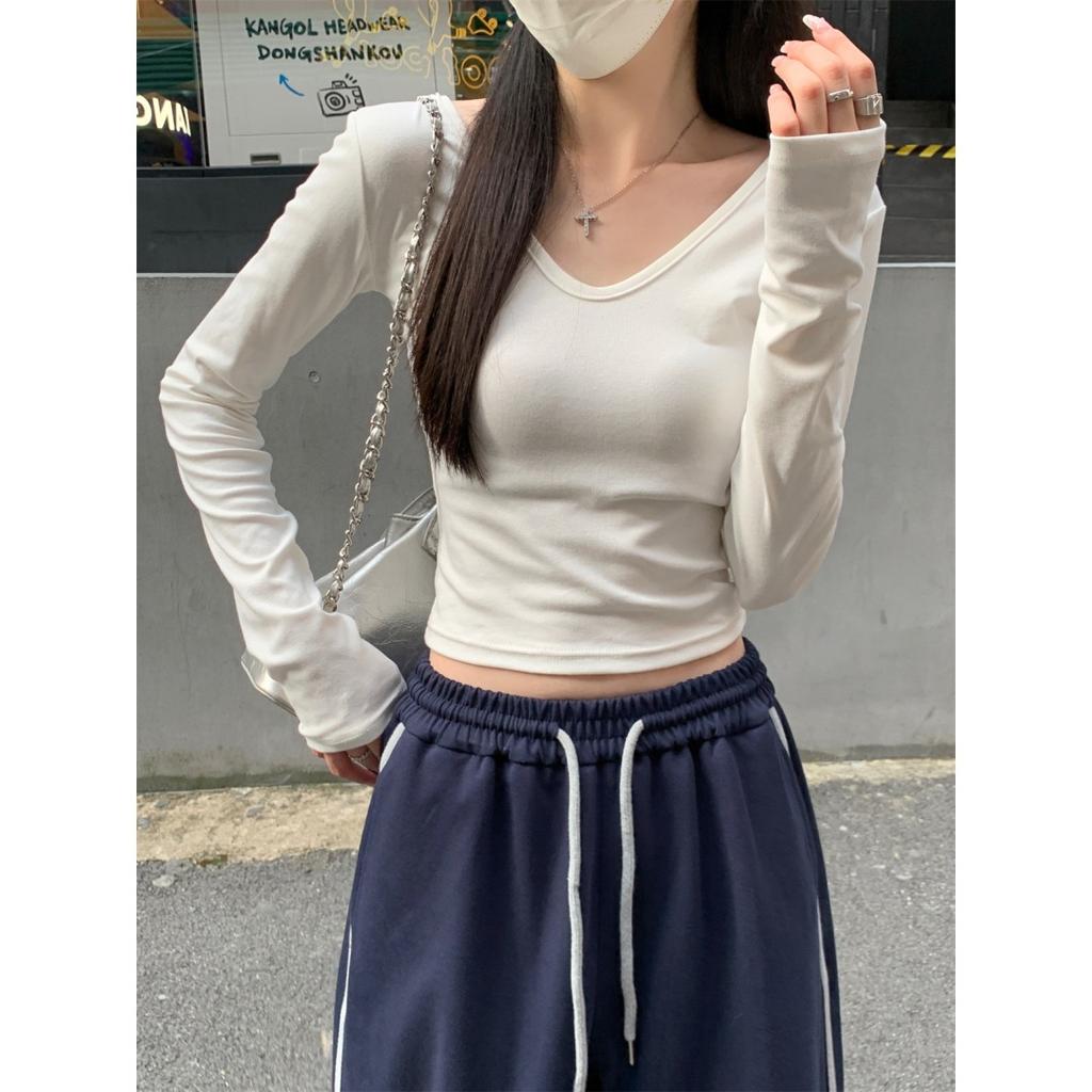 Spice girl collar slim-fitting long-sleeved T-shirt women's spring front shoulder thin inner short top simple bottoming shirt