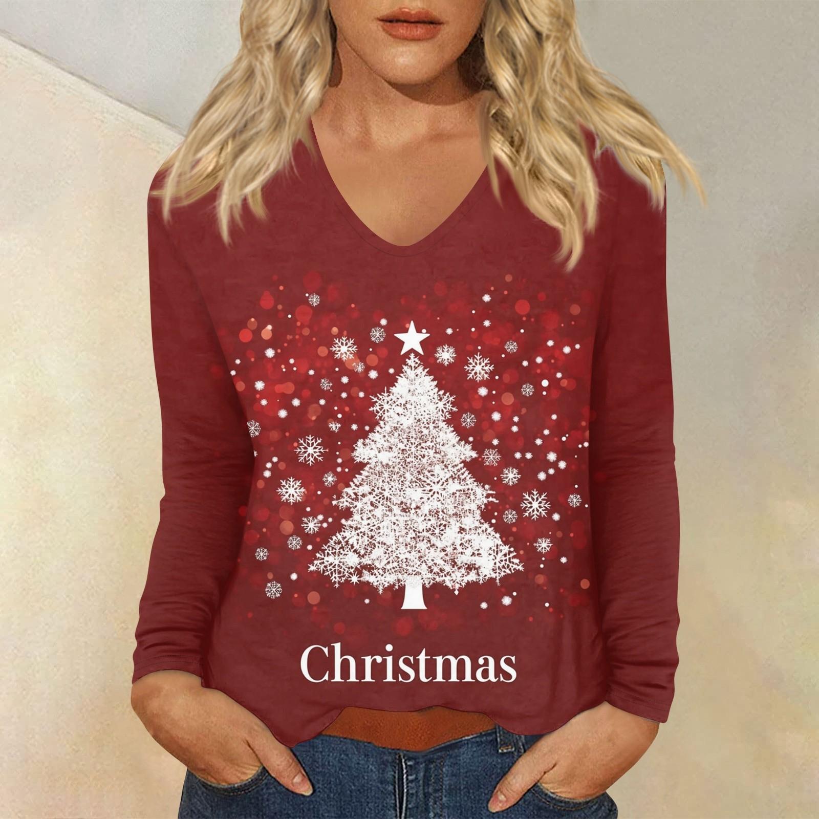 

Женская повседневная мода рождественский графический принт повседневный принт длинный рукав V-образный вырез пуловер топ блузка XXXL киноварь