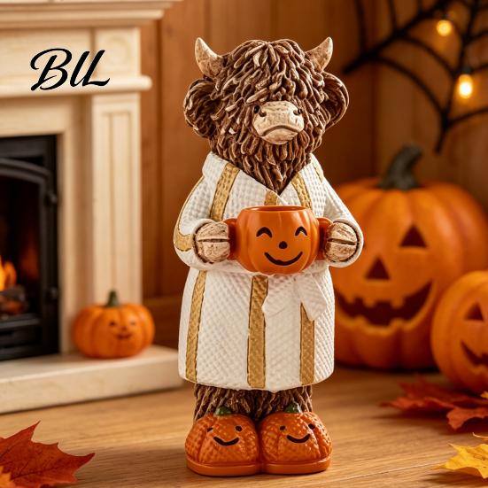 Decorative Highland Cattle Collectibles Halloween Cow Figurine, Resin Statue with Pumpkin Mug, Party Table Centerpieces Farmhouse Fall Tabletop Decor