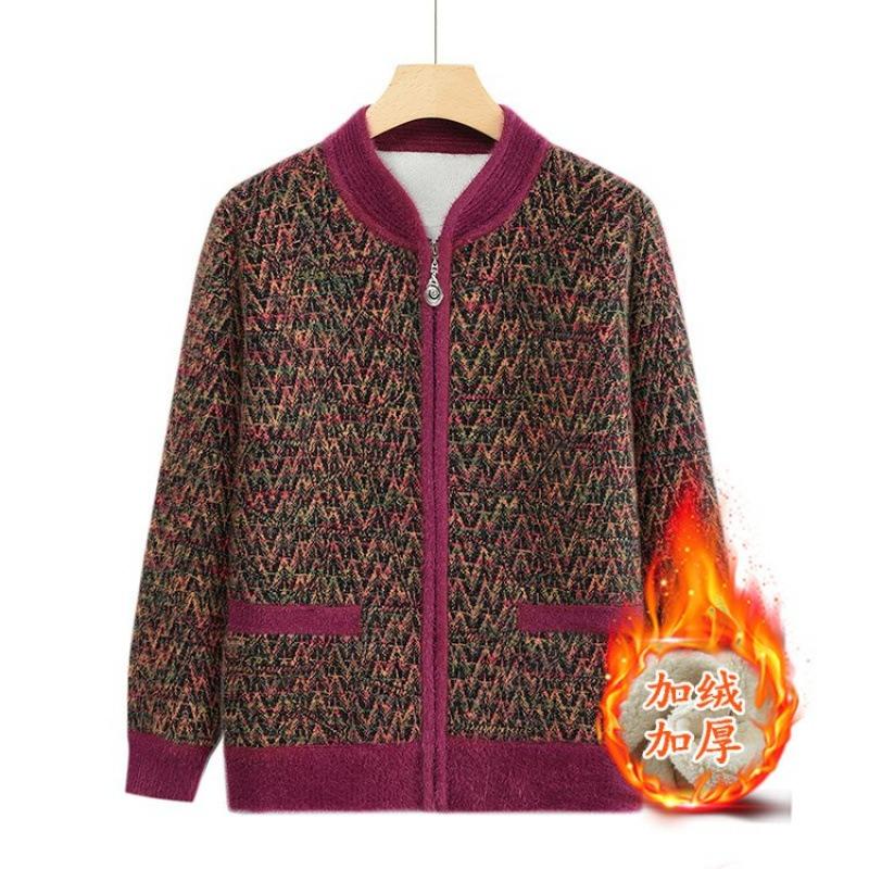 Women's Autumn and Winter Knitted Jacket Mink Fleece Thickened Wool Zipper Cardigan Top