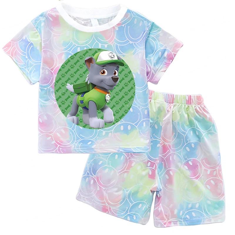 Paw Patrol Summer Clothing Sets for Baby Girl Outfits Cute Print Tie-dye Smile Tees Children Short Sleeve T Shirt Shorts 2pcs