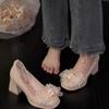 Chunky Heel Shoes Summer New Round Head Shallow Mouth Beaded Butterfly Knot Sequin Anti-slip Wear-resistant High Heels