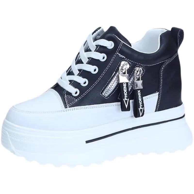 Fashion Women Sneakers High Platform Shoes 8cm Wedge Heels Outdoor Spring Autumn Leather Chunky Shoes Lace-up Casual Shoes Woman