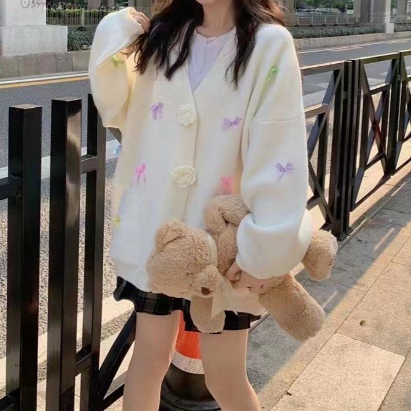 Ladies Bow Flower Decorative Sweater Korean Sweet Women V-neck Knitted Cardigan Autumn Loose Versatile Female Single Breasted
