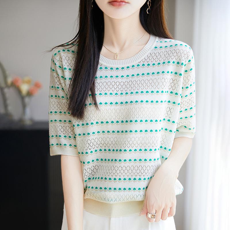 

Теннисная полосатая футболка с коротким рукавом для женщин Летом Новая контрастного цвета Универсальный свободный свитер с круглым вырезом Полый свободный топ XL зелёный