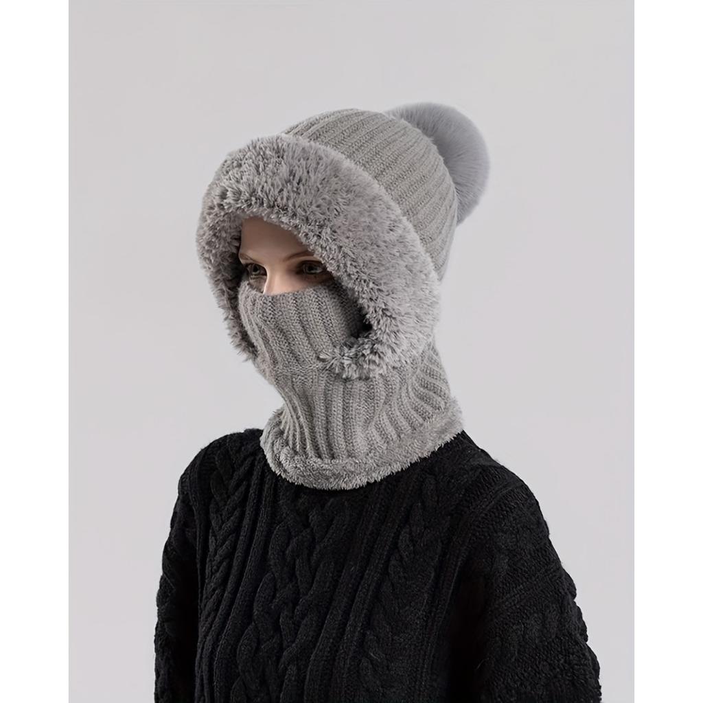 Women's Winter Hat Face Mask and Plush Earrings - Soft and Warm Full Face and Head Cover- Soft Fleece Lining Women's Winter Hat