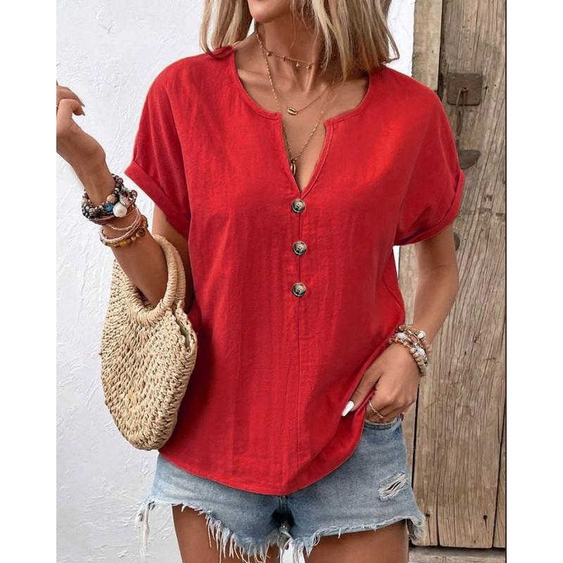 Women's Plus Size T-shirt Button V-neck Short-sleeved T-shirt