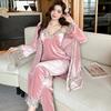 Velour Pajama Suit Women 3PCS Robe Nightgown Set Sleepwear Lady Velvet Warm Lace Folwer Kimono Bathrobe Gown