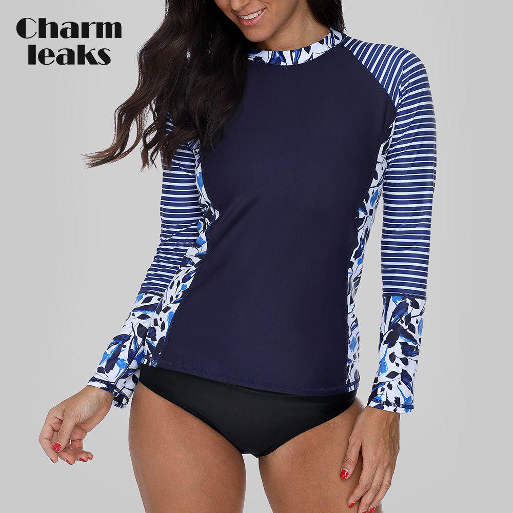 Buy Charmleaks Women Long Sleeve Rashguard Swimwear Stripe Floral Print