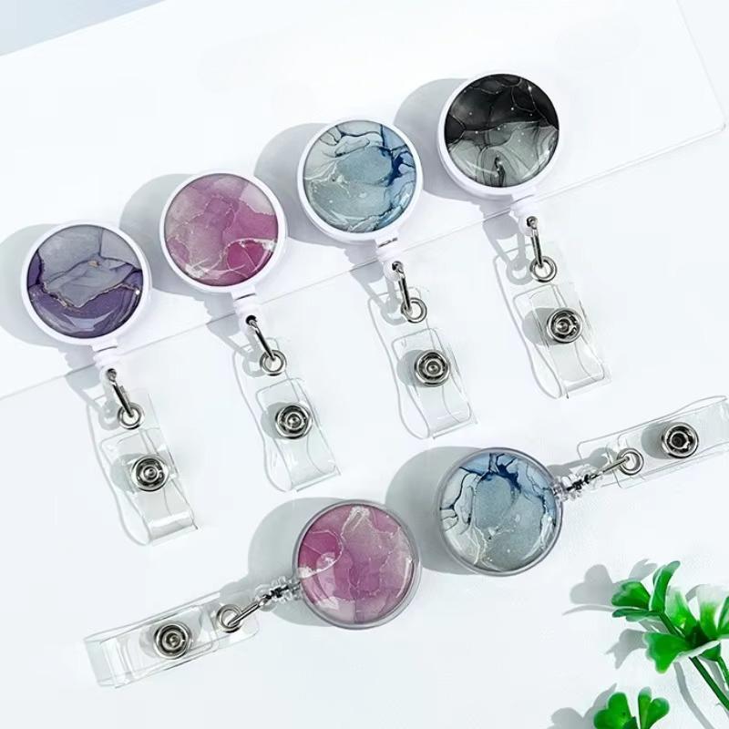 Marble Epoxy Badge Reel for Nurses Medical Retractable ID Card Holder Safety Linger Lanyard for Work Pull Clip Stretch Keychain