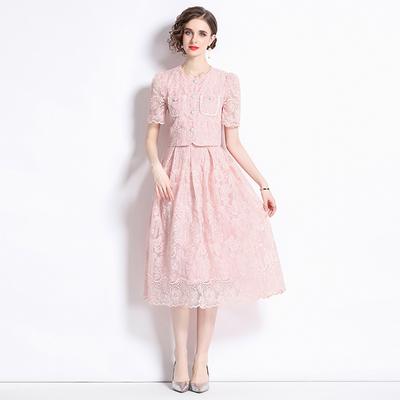 Korean Fashion Sweet Lace Set Two Piece Skirt Suits Lace Embroidery Flower Short Sleeve Shirt Tops Midi Skirt Women's Outfits