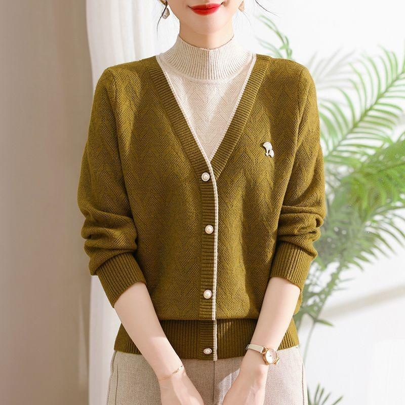 Sweater for Women's Autumn Half Turtleneck Buttons Fashionable Integrated Velvet Base Fake Two-piece Knitted Long-sleeved Top